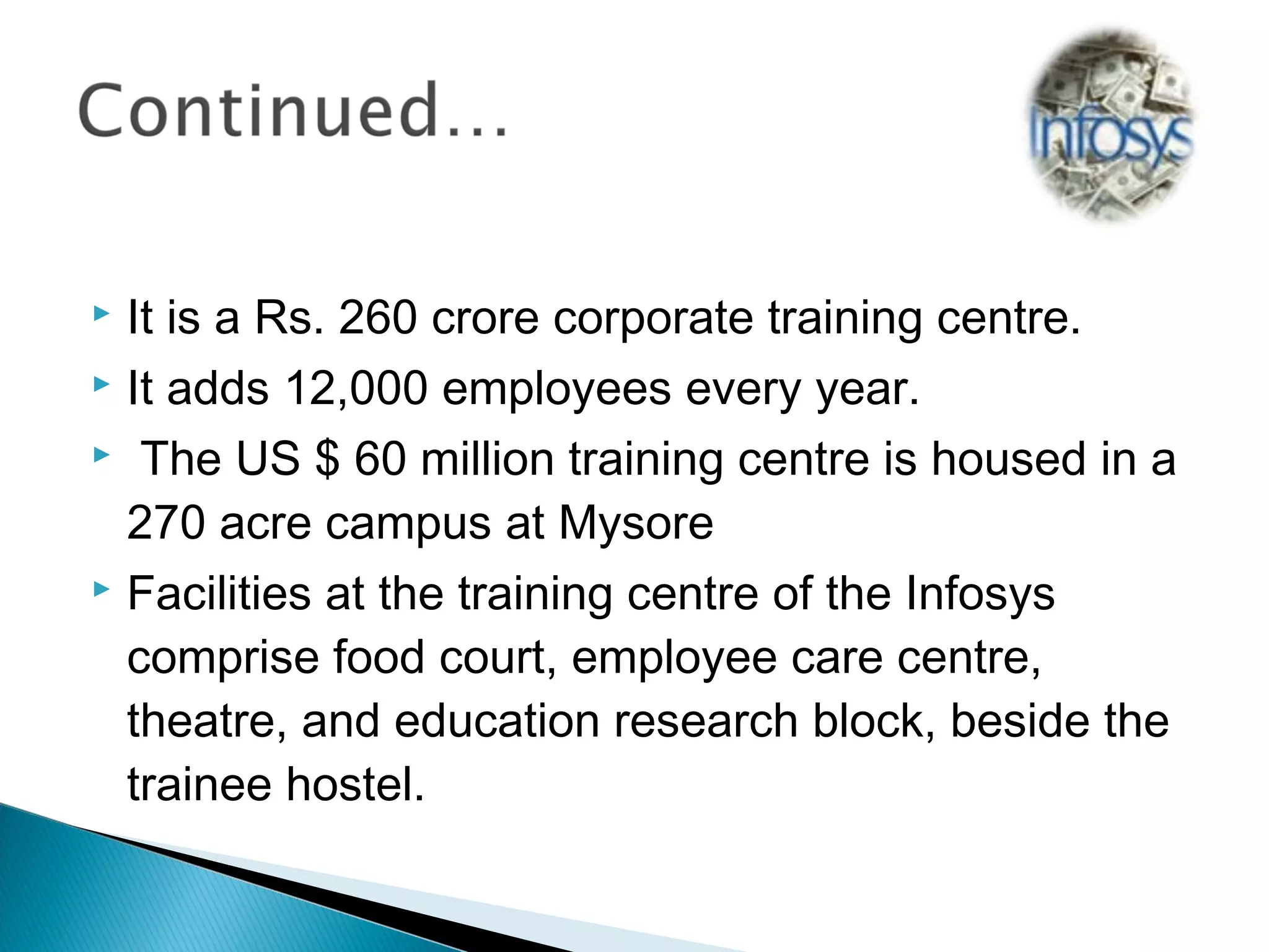 It is a Rs. 260 crore corporate training centre.
 It adds 12,000 employees every year.
 The US $ 60 million training centre is housed in a
270 acre campus at Mysore
 Facilities at the training centre of the Infosys
comprise food court, employee care centre,
theatre, and education research block, beside the
trainee hostel.


 