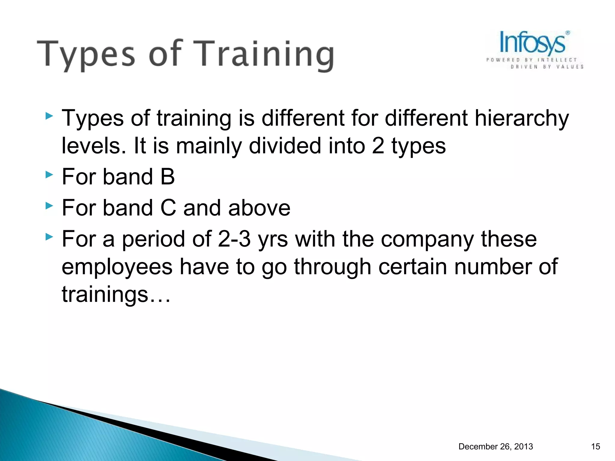 Types of training is different for different hierarchy
levels. It is mainly divided into 2 types
 For band B
 For band C and above
 For a period of 2-3 yrs with the company these
employees have to go through certain number of
trainings…


December 26, 2013

15

 