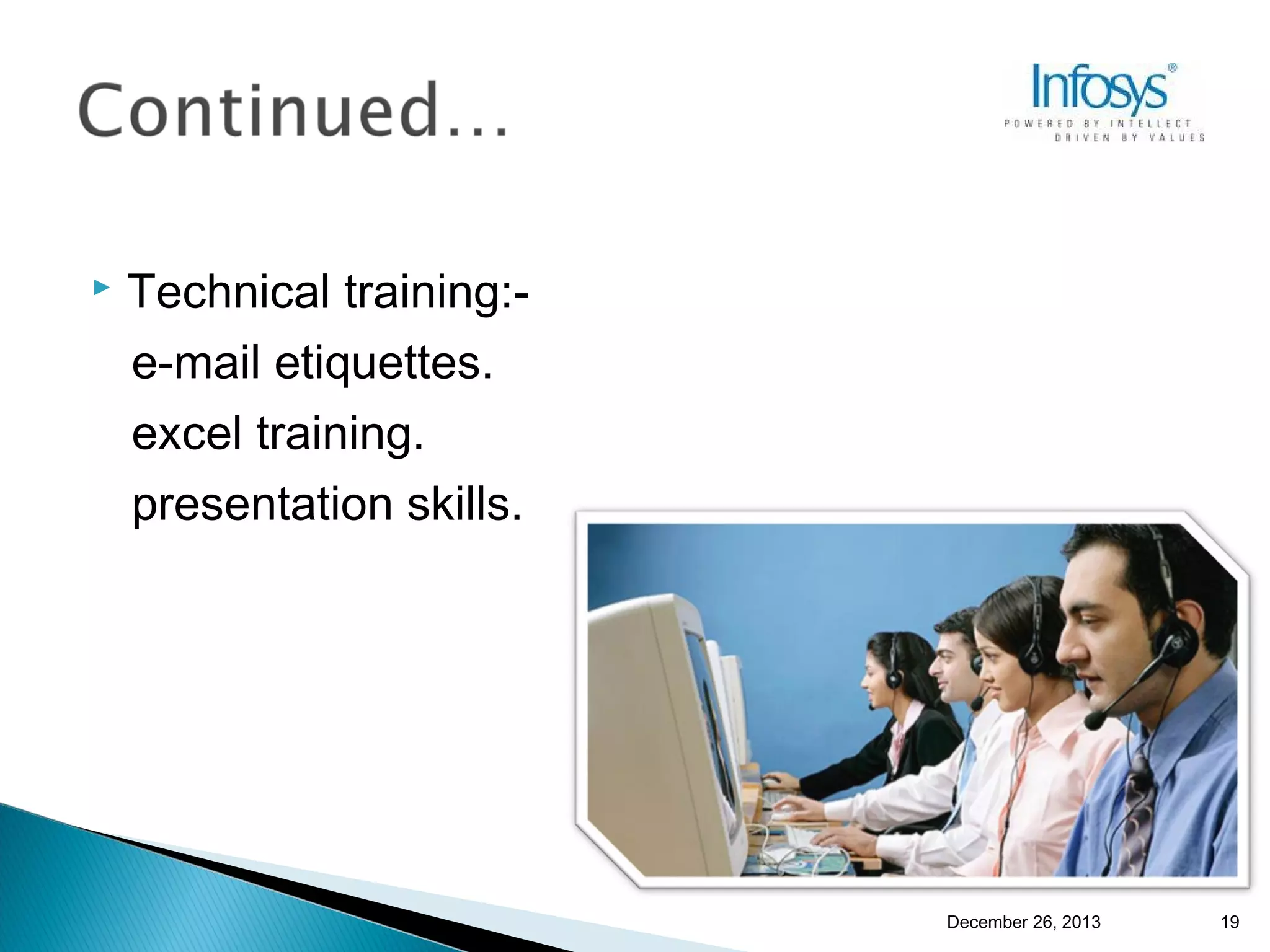 

Technical training:e-mail etiquettes.
excel training.
presentation skills.

December 26, 2013

19

 