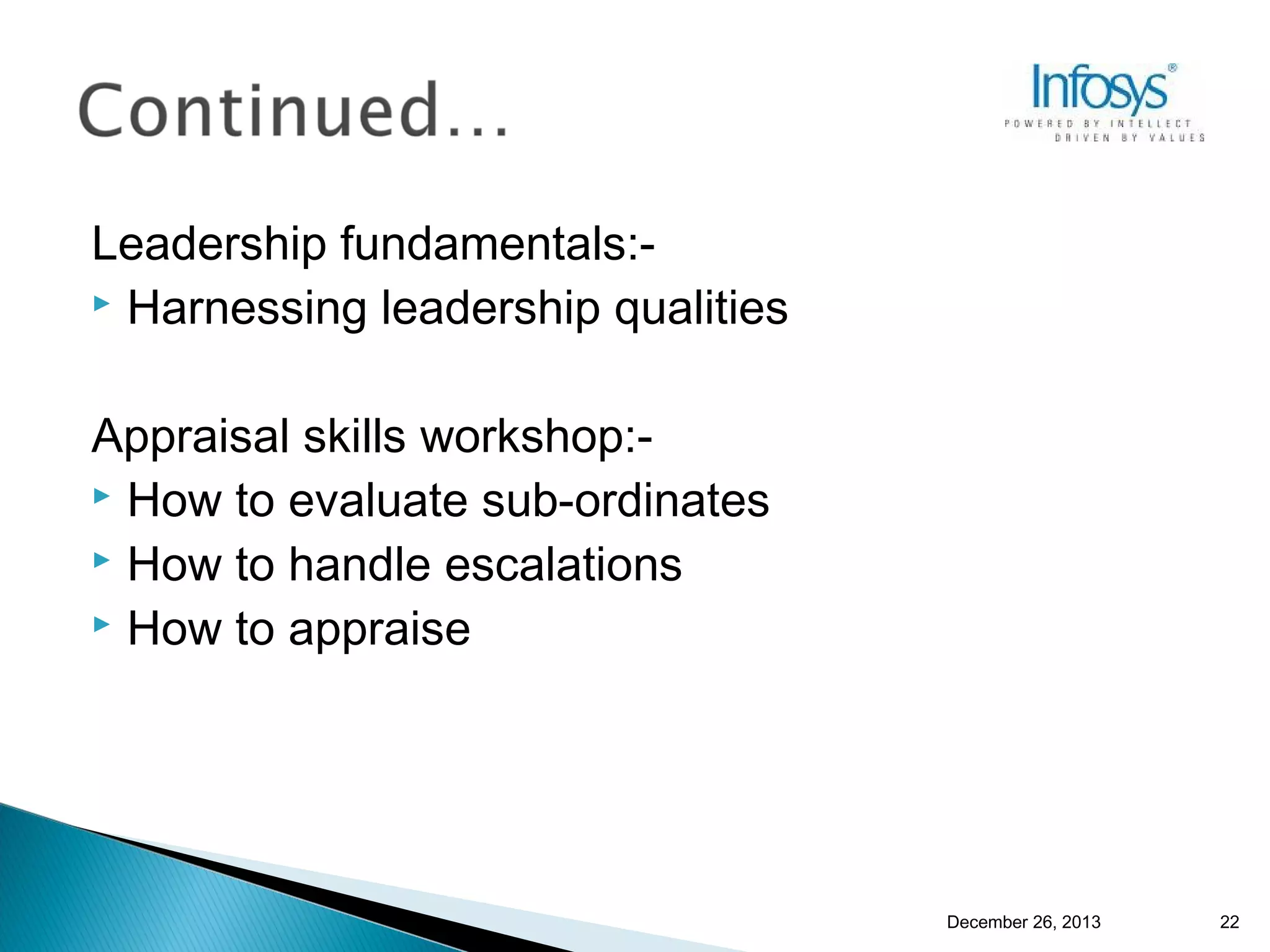 Leadership fundamentals: Harnessing leadership qualities
Appraisal skills workshop: How to evaluate sub-ordinates
 How to handle escalations
 How to appraise

December 26, 2013

22

 