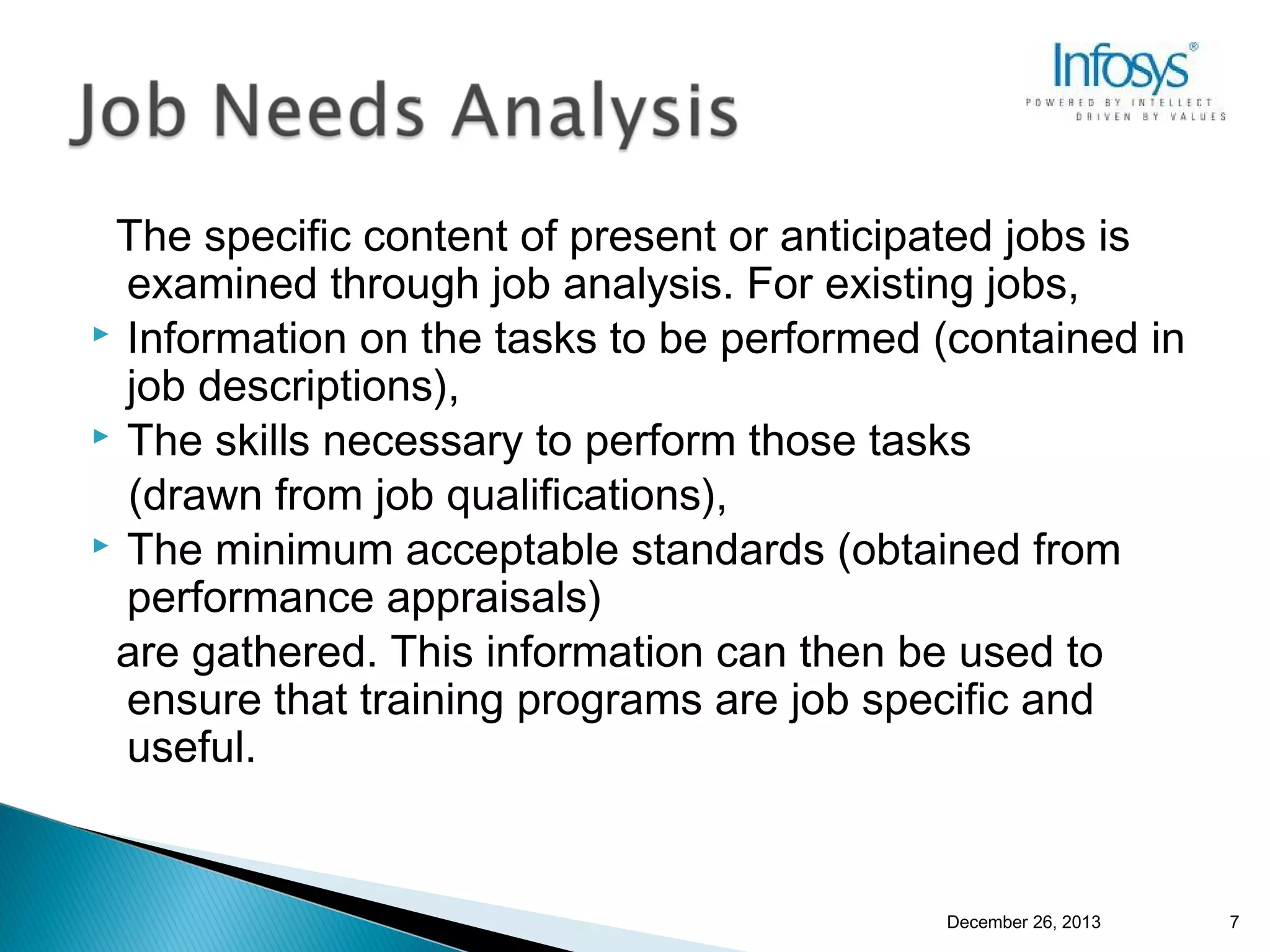 The specific content of present or anticipated jobs is
examined through job analysis. For existing jobs,
 Information on the tasks to be performed (contained in
job descriptions),
 The skills necessary to perform those tasks
(drawn from job qualifications),
 The minimum acceptable standards (obtained from
performance appraisals)
are gathered. This information can then be used to
ensure that training programs are job specific and
useful.

December 26, 2013

7

 