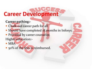 Career Development
Career pathing:-
 Chalk out career path for all
 Should have completed 18 months in Infosys.
 Provided by career counselor.
Higher education:-
 MBA
 50% of the fees is reimbursed.
 