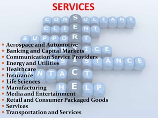 SERVICES


   Aerospace and Automotive
   Banking and Capital Markets
   Communication Service Providers
   Energy and Utilities
   Healthcare
   Insurance
   Life Sciences
   Manufacturing
   Media and Entertainment
   Retail and Consumer Packaged Goods
   Services
   Transportation and Services
 