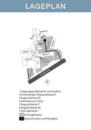 LAGEPLAN

1 Haupteingang Gebäude A1 und Schulbüro
2 Schulhofseitiger Eingang Gebäude A1
3 Eingang Gebäude A2
4 Aufenthaltsraum / Kiosk
5 Eingang Gebäude C
6 Eingang Gebäude B2
7 Zweiradparkplatz
Parkmöglichkeiten
Feuerwehrzufahrt und Wendeplatz

 