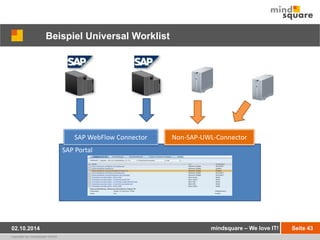 Beispiel Universal Worklist 
SAP WebFlow Connector Non-SAP-UWL-Connector 
02.10.2014 mindsquare – We love IT! Seite 43 
copyright by mindsquare GmbH 
SAP Portal 
 