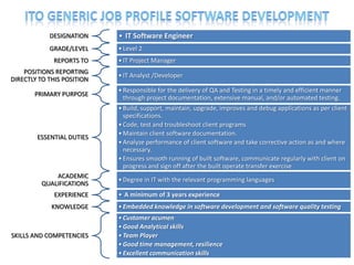 DESIGNATION     • IT Software Engineer
            GRADE/LEVEL     • Level 2
             REPORTS TO     • IT Project Manager
    POSITIONS REPORTING
                            • IT Analyst /Developer
DIRECTLY TO THIS POSITION
                            • Responsible for the delivery of QA and Testing in a timely and efficient manner
       PRIMARY PURPOSE
                              through project documentation, extensive manual, and/or automated testing.
                            • Build, support, maintain, upgrade, improves and debug applications as per client
                              specifications.
                            • Code, test and troubleshoot client programs
                            • Maintain client software documentation.
        ESSENTIAL DUTIES
                            • Analyze performance of client software and take corrective action as and where
                              necessary.
                            • Ensures smooth running of built software, communicate regularly with client on
                              progress and sign off after the built operate transfer exercise
             ACADEMIC
                            • Degree in IT with the relevant programming languages
         QUALIFICATIONS
             EXPERIENCE     • A minimum of 3 years experience
             KNOWLEDGE      • Embedded knowledge in software development and software quality testing
                            • Customer acumen
                            • Good Analytical skills
SKILLS AND COMPETENCIES     • Team Player
                            • Good time management, resilience
                            • Excellent communication skills                                           37
 