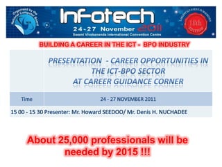 BUILDING A CAREER IN THE ICT - BPO INDUSTRY




About 25,000 professionals will be
       needed by 2015 !!!
 