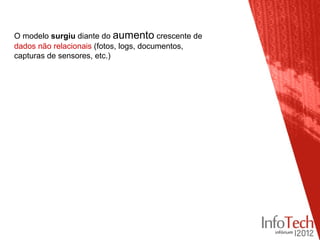 O modelo surgiu diante do aumento crescente de
dados não relacionais (fotos, logs, documentos,
capturas de sensores, etc.)
 