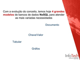 Com a evolução do conceito, temos hoje 4 grandes
modelos de bancos de dados NoSQL para atender
         as mais variadas necessidades

                                 Documento


                   Chave/Valor

       Tabular

                      Gráfos
 