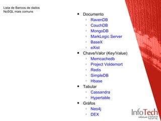 Lista de Bancos de dados
NoSQL mais comuns
                           •   Documento
                                o  RavenDB
                                o  CouchDB
                                o  MongoDB
                                o  MarkLogic Server
                                o  BaseX
                                o  eXist
                           •   Chave/Valor (Key/Value)
                                o  Memcachedb
                                o  Project Voldemort
                                o  Redis
                                o  SimpleDB
                                o  Hbase
                           •   Tabular
                                o  Cassandra
                                o  Hypertable
                           •   Gráfos
                                o  Neo4j
                                o  DEX
 