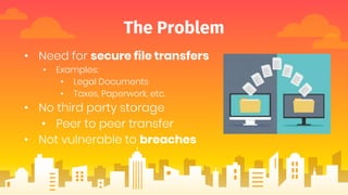 The Problem
• Need for secure file transfers
• Examples:
• Legal Documents
• Taxes, Paperwork, etc.
• No third party storage
• Peer to peer transfer
• Not vulnerable to breaches
 