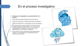 En el proceso investigativo
 El proceso investigativo se puede dividir en 3
etapas:
1. Fase teórica de generación del conocimiento
2. Fase de obtención y verificación de los resultados
3. Fase de publicación y divulgación de los resultados
 En todas estas etapas impactan actualmente las
Infotecnologías. En las Fases 1 y 3, en cuanto a
socializar los resultados, la interacción entre
especialistas y el trabajo en equipos.
 En la Fase 2 como instrumento de velocidad de
cálculo y de modelación y automatización de
sistemas y procesos.
 