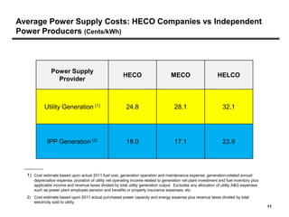 Average Power Supply Costs: HECO Companies vs Independent
Power Producers (Cents/kWh)



               Power Supply
                                                        HECO                        MECO                       HELCO
                 Provider



           Utility Generation (1)                         24.8                        28.1                        32.1




            IPP Generation (2)                            18.0                        17.1                        23.9




  1) Cost estimate based upon actual 2011 fuel cost, generation operation and maintenance expense, generation-related annual
     depreciation expense, proration of utility net operating income related to generation net plant investment and fuel inventory plus
     applicable income and revenue taxes divided by total utility generation output. Excludes any allocation of utility A&G expenses
     such as power plant employee pension and benefits or property insurance expenses, etc.
  2) Cost estimate based upon 2011 actual purchased power capacity and energy expense plus revenue taxes divided by total
     electricity sold to utility.
                                                                                                                                          11
 