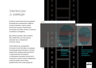проекты наши лиентов ы встраивае
ра нообра ные ани а ионные екты
которые по воля т со дат н ное
впе атление вы ват определенные
ассо иа ии расставит ак енты и повысит
от ыв ивост интер ейса.
ля главной страни ы сайта ко пании
А н о е С ы оти сделат
ани а и л а сканир его
отпе аток пал а.
аки обра о ы акладывае
в со нание посетителя обра ассо иа и
свя ыва аш о пани и торговое
предло ение прод кты решения сл ги
с представление пол ователя
о необ оди о е ровне бе опасности
и наде ности средств а иты ин ор а ии
и высоко ровне ко петен ии
ра работ иков такого рода прод ктов.
ТЕМАТИЧЕСКАЯ
JS-АНИМАЦИЯ
АИТИ
17
Ани а ия
про о ения
сканера
отпе атка
При дости ении
кон а страни ы
ани а ия
повторяется
 