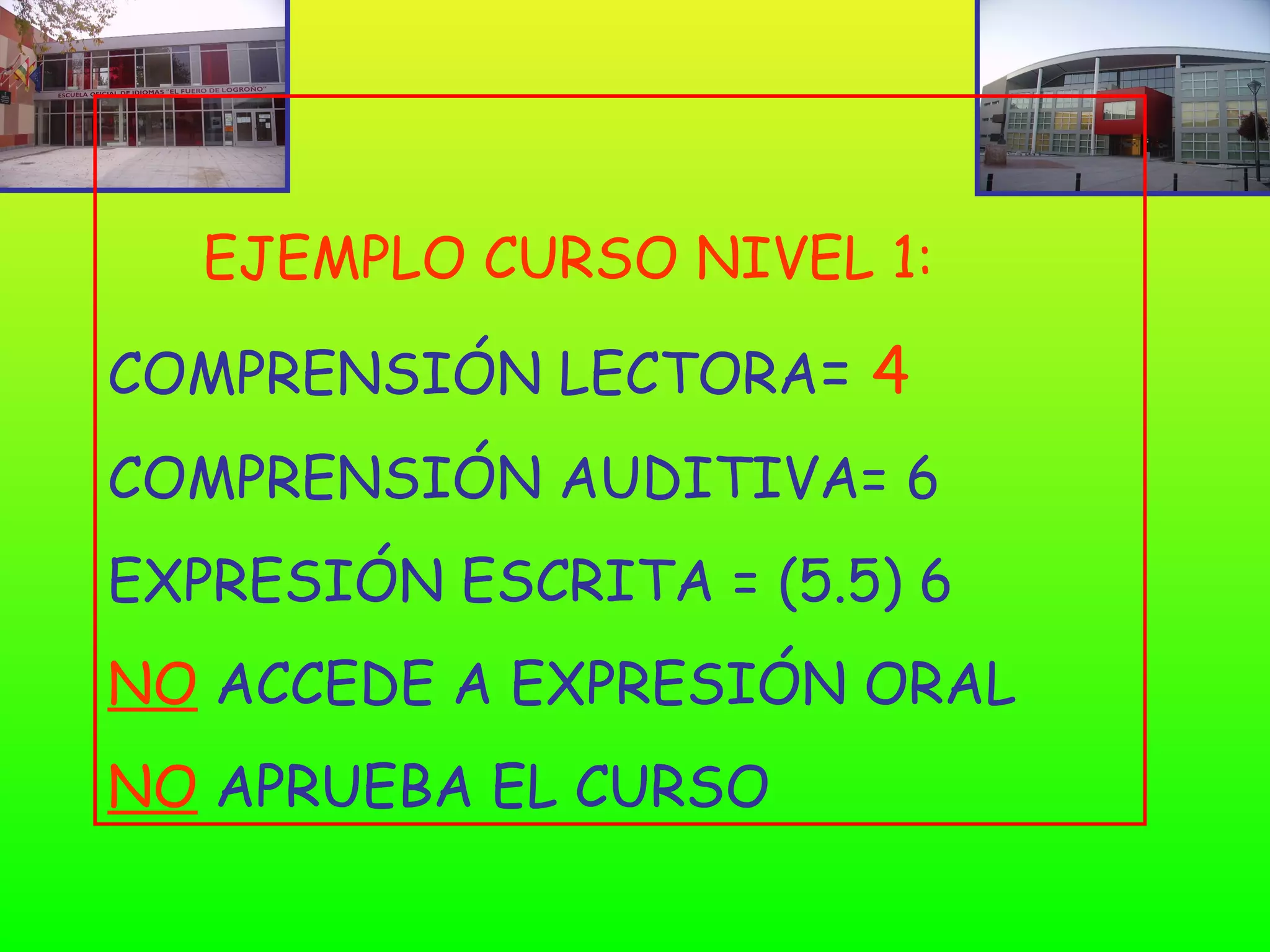 EJEMPLO CURSO NIVEL 1:

COMPRENSIÓN LECTORA= 4
COMPRENSIÓN AUDITIVA= 6
EXPRESIÓN ESCRITA = (5.5) 6
NO ACCEDE A EXPRESIÓN ORAL
NO APRUEBA EL CURSO
 
