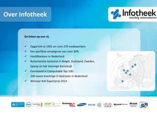 Over Infotheek
De feiten op een rij.
 Opgericht in 1991 en ruim 370 medewerkers
 Een jaarlijkse omzetgroei van ruim 30%
 Hoofdkantoor in Nederland
 Buitenlandse kantoren in België, Duitsland, Zweden,
Spanje en het Verenigd Koninkrijk
 Genoteerd in Computable Top 100:
100 meest krachtige IT-bedrijven in Nederland
 Winnaar KvK Exportprijs 2013
 