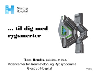 ... til dig med
rygsmerter


          Tom Bendix, professor, dr. med.
Videncenter for Reumatologi og Rygsygdomme
             Glostrup Hospital               (29.01.13)
 