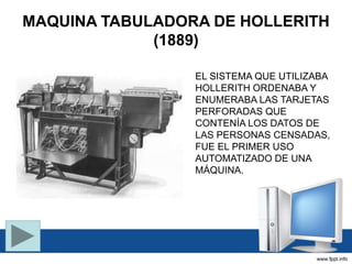 MAQUINA TABULADORA DE HOLLERITH
(1889)
EL SISTEMA QUE UTILIZABA
HOLLERITH ORDENABA Y
ENUMERABA LAS TARJETAS
PERFORADAS QUE
CONTENÍA LOS DATOS DE
LAS PERSONAS CENSADAS,
FUE EL PRIMER USO
AUTOMATIZADO DE UNA
MÁQUINA.
 