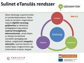 Sulinet eTanulás rendszer
 Olyan közösségi csoportmunkán
 és tartalomfejlesztésen, illetve                  Hírmagazin
 tudás és tartalom megosztáson
 alapuló digitális tananyag
 gyűjtemény és oktatással,
 pedagógiával kapcsolatos
 szakmai hírszolgáltatás,
 dokumentumtár, amely képes
                                                  Közösség
 az oktatás területének
 szereplőit (pedagógusok,
 diákok, szolgáltatók) integrálni,   Tudásbázis                 Tartalomcsere
 aktivizálni, nyomon követni és
 ezáltal képes megteremteni egy
 önfenntartó rendszer alapjait.
 