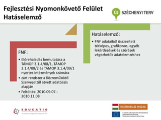 Fejlesztési Nyomonkövető Felület
Ჹá𳾳ő

                                       Ჹá𳾳ő:
                                       • FNF adataiból összesített
                                         térképes, grafikonos, egyéb
                                         lekérdezések és szűrések
    FNF:                                 végezhetők adatelemzéshez
    • Előrehaladás bemutatása a
      TÁMOP 3.1.4/08/1, TÁMOP
      3.1.4/08/2 és TÁMOP 3.1.4/09/1
      nyertes intézmények számára
    • zárt rendszer a Közreműködő
      Szervezettől átvett adatbázis
      alapján
    • Feltöltés: 2010.09.07.-
      2010.11.08
 