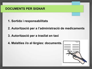 DOCUMENTS PER SIGNAR
1. Sortida i responsabilitats
2. Autorització per a l’administració de medicaments
3. Autorització per a trasllat en taxi
4. Malalties i/o al·lèrgies: documents.
 