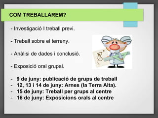 COM TREBALLAREM?
- Investigació I treball previ.
- Treball sobre el terreny.
- Anàlisi de dades i conclusió.
- Exposició oral grupal.
- 9 de juny: publicació de grups de treball
- 12, 13 i 14 de juny: Arnes (la Terra Alta).
- 15 de juny: Treball per grups al centre
- 16 de juny: Exposicions orals al centre
 