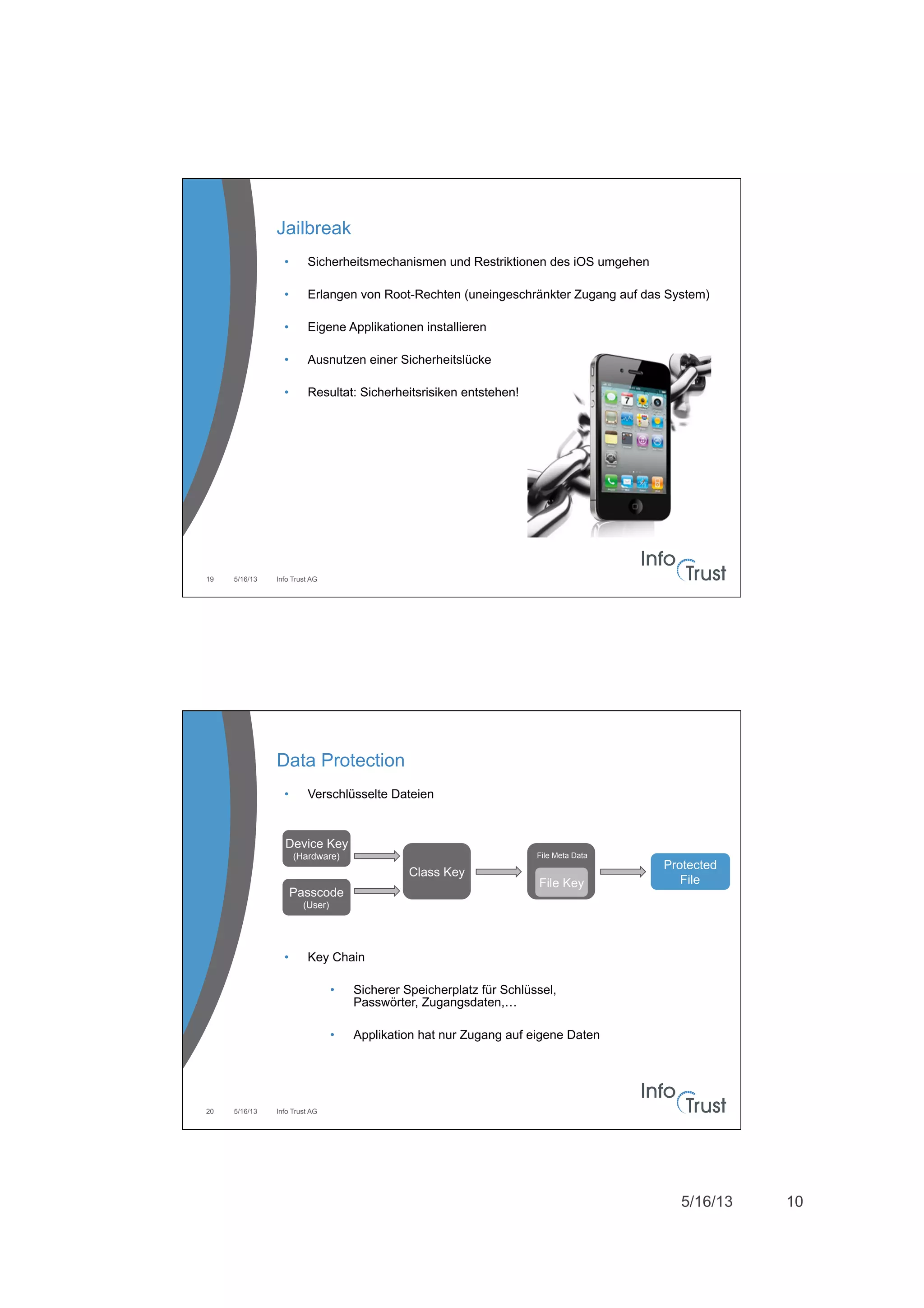 5/16/13 10
5/16/13 Info Trust AG19
Jailbreak
•  Sicherheitsmechanismen und Restriktionen des iOS umgehen
•  Erlangen von Root-Rechten (uneingeschränkter Zugang auf das System)
•  Eigene Applikationen installieren
•  Ausnutzen einer Sicherheitslücke
•  Resultat: Sicherheitsrisiken entstehen!
5/16/13 Info Trust AG20
Data Protection
•  Verschlüsselte Dateien
•  Key Chain
•  Sicherer Speicherplatz für Schlüssel,
Passwörter, Zugangsdaten,…
•  Applikation hat nur Zugang auf eigene Daten
Device Key
(Hardware)
Protected
File
Passcode
(User)
Class Key
File Key
File Meta Data
 
