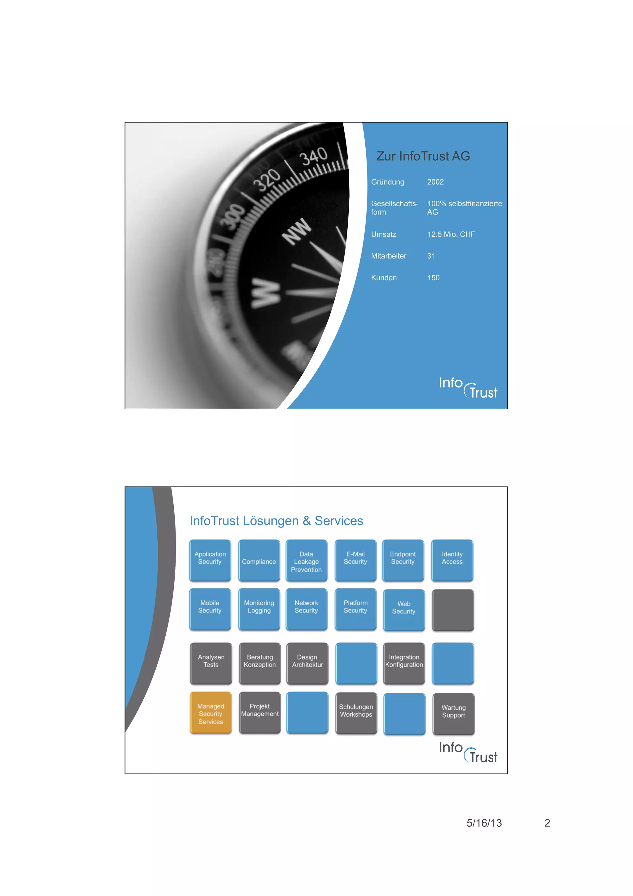 5/16/13 2
Gründung 2002
Gesellschafts-
form
100% selbstfinanzierte
AG
Umsatz 12.5 Mio. CHF
Mitarbeiter 31
Kunden 150
Zur InfoTrust AG
InfoTrust Lösungen & Services
 