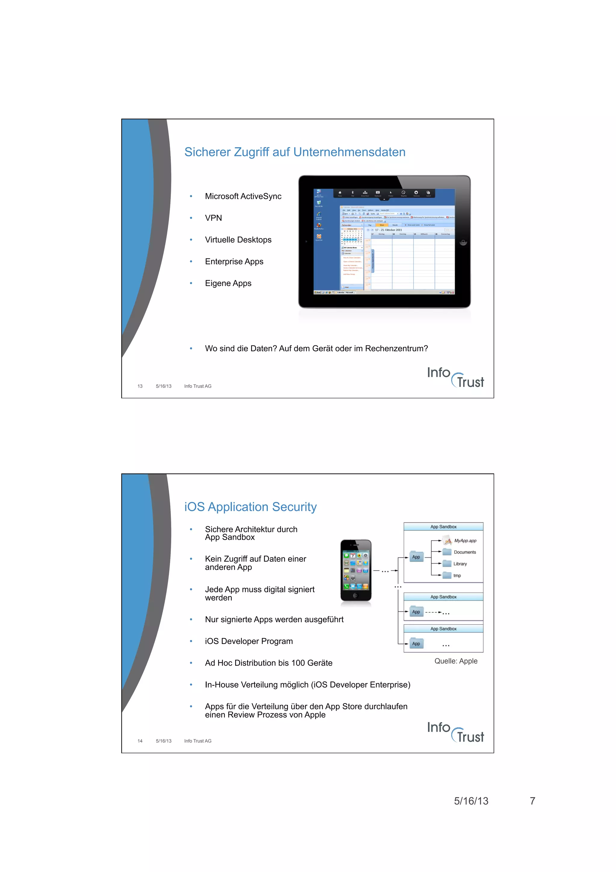5/16/13 7
5/16/13 Info Trust AG13
Sicherer Zugriff auf Unternehmensdaten
•  Microsoft ActiveSync
•  VPN
•  Virtuelle Desktops
•  Enterprise Apps
•  Eigene Apps
•  Wo sind die Daten? Auf dem Gerät oder im Rechenzentrum?
5/16/13 Info Trust AG14
iOS Application Security
•  Sichere Architektur durch
App Sandbox
•  Kein Zugriff auf Daten einer
anderen App
•  Jede App muss digital signiert
werden
•  Nur signierte Apps werden ausgeführt
•  iOS Developer Program
•  Ad Hoc Distribution bis 100 Geräte
•  In-House Verteilung möglich (iOS Developer Enterprise)
•  Apps für die Verteilung über den App Store durchlaufen
einen Review Prozess von Apple
Quelle: Apple
 