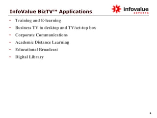 InfoValue BizTV™ Applications Training and E-learning Business TV to desktop and TV/set-top box Corporate Communications Academic Distance Learning Educational Broadcast Digital Library 
