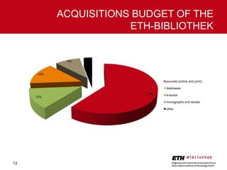 ACQUISITIONS BUDGET OF THE
ETH-BIBLIOTHEK

9%

3%

14%
journals (online and print)
databases
13%

60%

e-books
monographs and serials
other

13

 