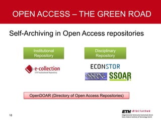 OPEN ACCESS – THE GREEN ROAD
Self-Archiving in Open Access repositories
Institutional
Repository

Disciplinary
Repository

OpenDOAR (Directory of Open Access Repositories)

18

 