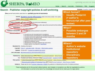 Which format?
• Usually Postprint
(= author’s
manuscript after peer
review)

When?
• Possible embargos
between 2 and 24
months
Where?
• Author’s website
• Institutional
repository
• Disciplinary
repository

42

 