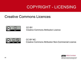 COPYRIGHT - LICENSING
Creative Commons Licences
CC BY:
Creative Commons Attribution Licence

CC BY NC:
Creative Commons Attribution Non-Commercial Licence

44

 