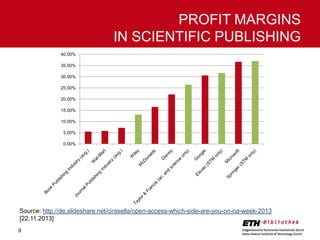 PROFIT MARGINS
IN SCIENTIFIC PUBLISHING
40.00%
35.00%
30.00%
25.00%
20.00%

15.00%
10.00%
5.00%
0.00%

Source: http://de.slideshare.net/cirasella/open-access-which-side-are-you-on-oa-week-2013
[22.11.2013]
9

 
