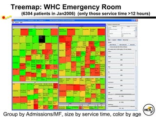 Treemap: WHC Emergency Room
       (6304 patients in Jan2006) (only those service time >12 hours)




Group by Admissions/MF, size by service time, color by age
 
