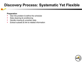 Discovery Process: Systematic Yet Flexible

 Preparation
 • Own the problem & define the schedule
 • Data cleaning & conditioning
 • Handle missing & uncertain data
 • Extract subsets & link to related information
 