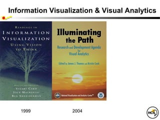 Information Visualization & Visual Analytics

 •   Visual bandwidth is enormous
     • Human perceptual skills are remarkable
       • Trend, cluster, gap, outlier...
       • Color, size, shape, proximity...


 •   Three challenges
     • Meaningful visual displays of massive da
     • Interaction: widgets & window coordinati
     • Process models for discovery




      1999                        2004
 