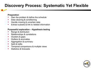 Discovery Process: Systematic Yet Flexible

 Preparation
 • Own the problem & define the schedule
 • Data cleaning & conditioning
 • Handle missing & uncertain data
 • Extract subsets & link to related information
 Purposeful exploration – Hypothesis testing
 • Range & distribution
 • Relationships & correlations
 • Clusters & gaps
 • Outliers & anomalies
 • Aggregation & summary
 • Split & trellis
 • Temporal comparisons & multiple views
 • Statistics & forecasts
 