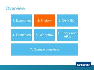 Overview
1. Examples 2. History 3. Definition
4. Principles 5. Workflow
6. Tools and
APIs
7. Course overview
 