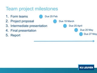 Team project milestones
1. Form teams
2. Project proposal
3. Intermediate presentation
4. Final presentation
5. Report
Due 25 Feb
Due 19 March
Due 25 April
Due 20 May
Due 27 May
 