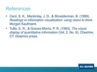 References
• Card, S. K., Mackinlay, J. D., & Shneiderman, B. (1999).
Readings in information visualization: using vision to think.
Morgan Kaufmann.
• Tufte, E. R., & Graves-Morris, P. R. (1983). The visual
display of quantitative information (Vol. 2, No. 9). Cheshire,
CT: Graphics press.
 