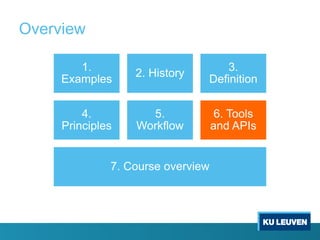 Overview
1.
Examples
2. History
3.
Definition
4.
Principles
5.
Workflow
6. Tools
and APIs
7. Course overview
 