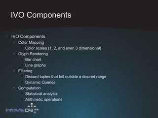IVO Components IVO Components Color Mapping Color scales (1, 2, and even 3 dimensional) Glyph Rendering Bar chart Line graphs Filtering Discard tuples that fall outside a desired range Dynamic Queries Computation Statistical analysis Arithmetic operations 