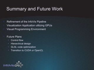 Summary and Future Work Refinement of the InfoVis Pipeline Visualization Application utilizing GPUs Visual Programming Environment Future Plans Control flow Hierarchical design GLSL code optimization Transition to CUDA or OpenCL 