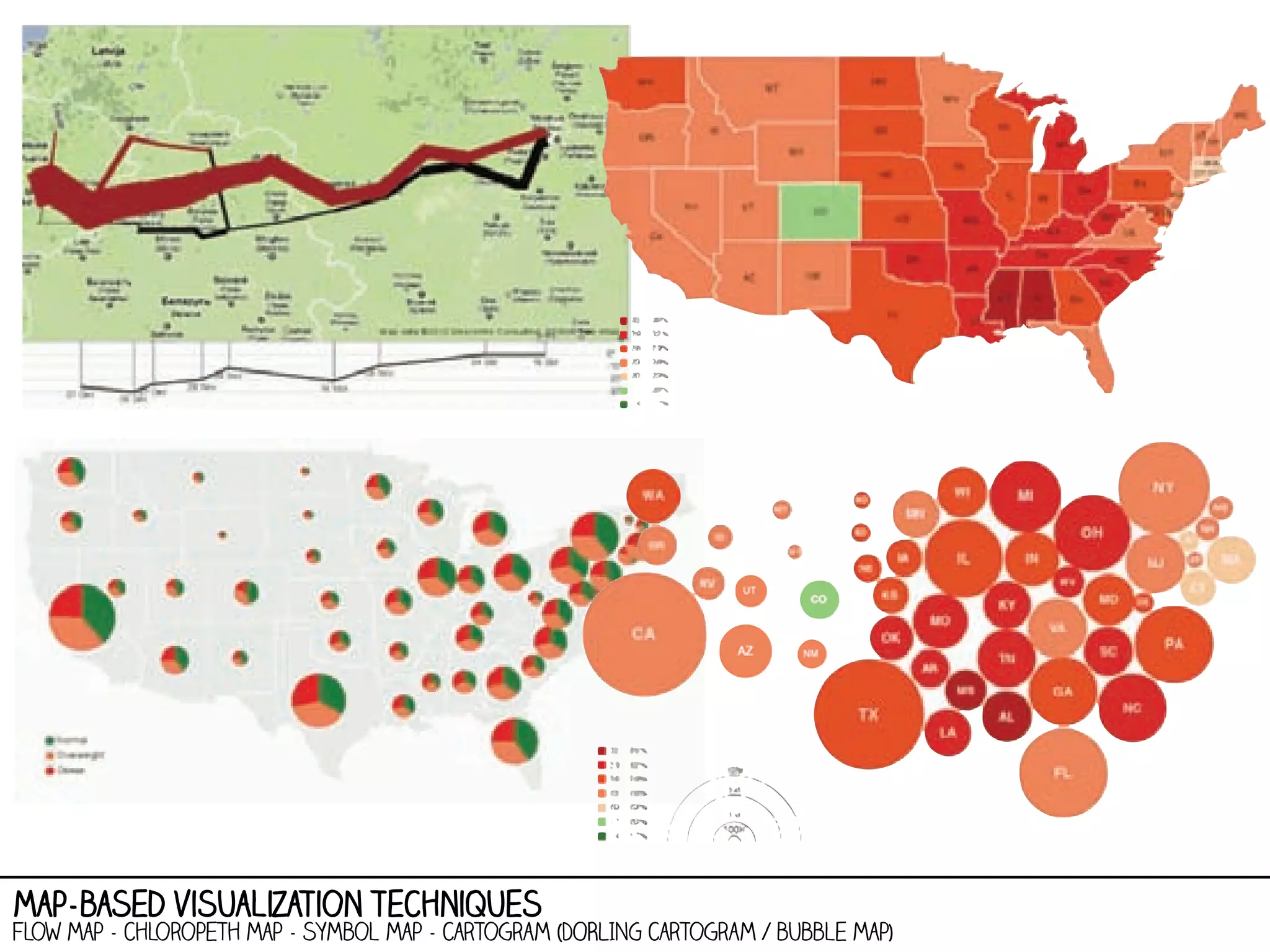 map-based visualization techniques

flow map - chloropeth map - symbol map - cartogram (DORLING cartogram / bubble map)

 