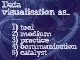 Data
visualisation as...
1) tool

2) medium
3) practice
4) communication
5) catalyst

 