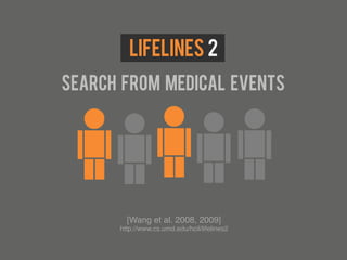 Lifelines 2
search from medical events




 xxxxx  [Wang et al. 2008, 2009]!
      http://www.cs.umd.edu/hcil/lifelines2!
 