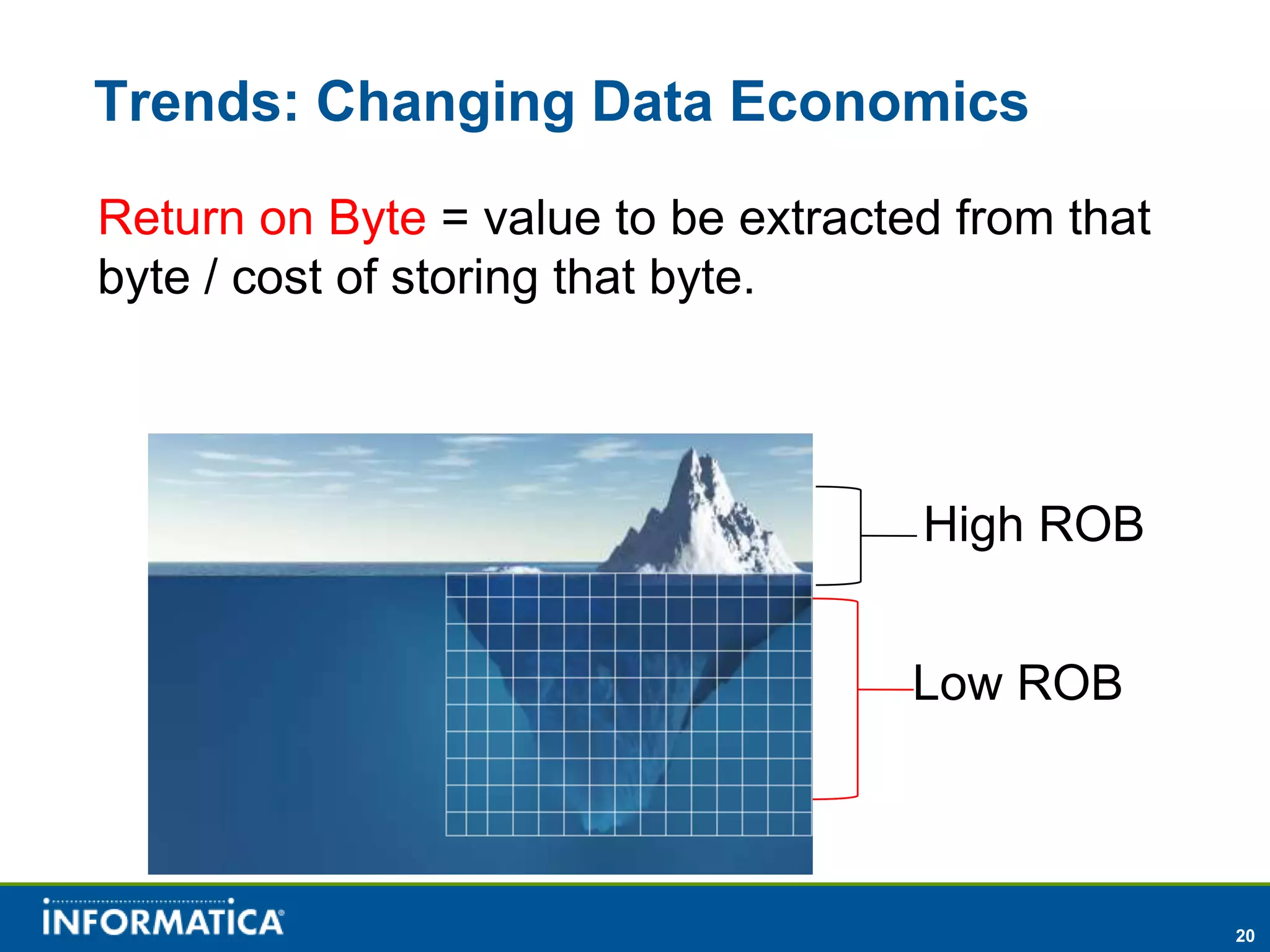 Trends: Changing Data Economics

Return on Byte = value to be extracted from that
byte / cost of storing that byte.




                                     High ROB


                                     Low ROB



                                                   20
 