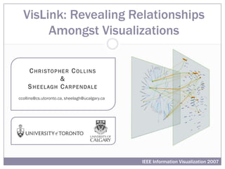 VisLink: Revealing Relationships
       Amongst Visualizations

    C H R I S TO P H E R C O L L I N S
                    &
    S H E E L AG H C A R P E N DA L E
ccollins@cs.utoronto.ca, sheelagh@ucalgary.ca




                                                IEEE Information Visualization 2007
 